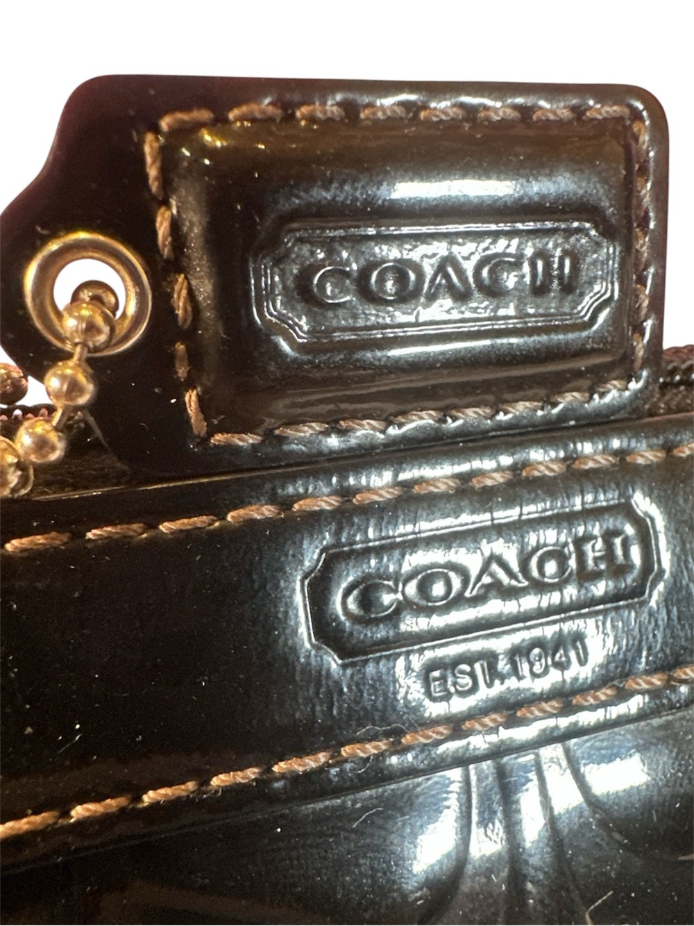 COACH Signature Stitch Black Embossed Patent Leather Wristlet - Picture 8 of 13